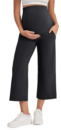 G4Free Pantalones capri de yoga de pierna ancha para embarazo, elásticos, con bolsillos
