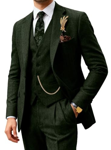 Classic Mens Tweed Herringbone Suits 3 Piece Suits Formal Regular Fit Wedding Groom Suit Blazer Vest Pants Green-L