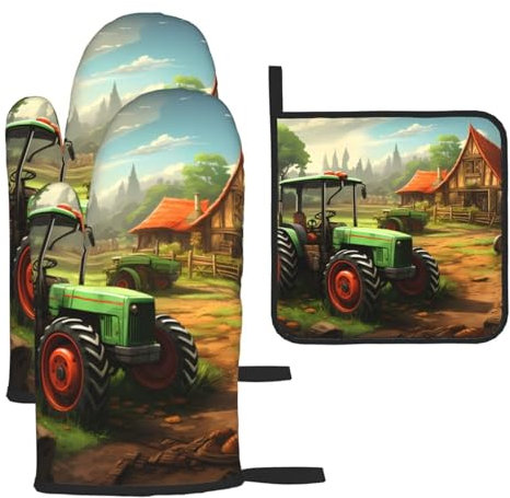YYHHAOFA Lot de 3 gants de cuisine imperméables et durables pour four et manique pour isolation thermique Motif tracteur ferme