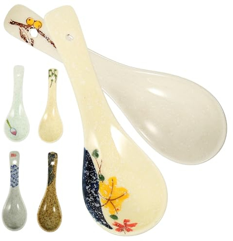 Garneck 6pcs Japanese Soup Spoon Porcelain Soup Spoons for Home Ceramic Tablespoons Handle Japanese for Kitchen Random Style