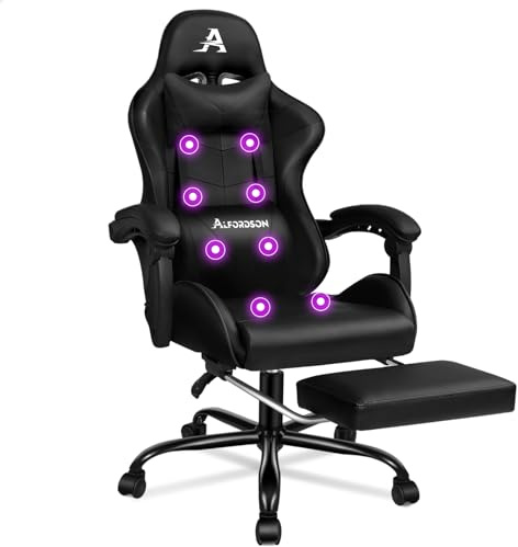 ALFORDSON Gaming massagestol, racingstol med nackstöd, ergonomisk skrivbordsstol, liggfåtölj, fällbart fotstöd, ventilerande PU-läder, höjdjusterbar, 180 kg lastkraft, blå vit
