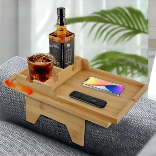 Mapille Vassoio da Divano in Bambù 2-in-1 con Portabicchieri e Supporto per Tablet, Vassoio Regolabile per Bracciolo 10-20 cm per Bevande, Snack e Telecomandi
