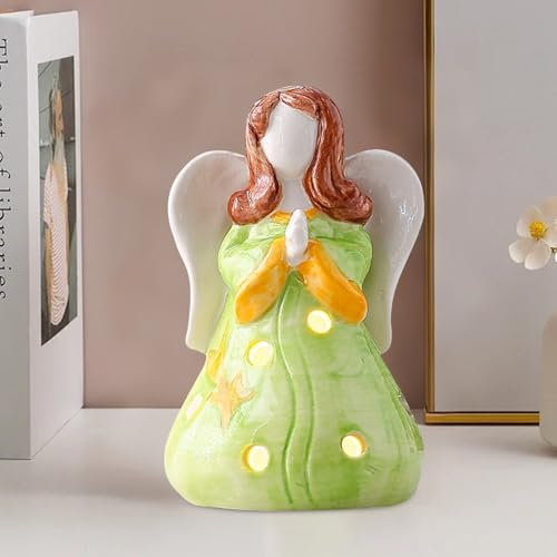 Engelfigur mit LED Lichterkette, Deko Wohnzimmer Engel Dekofigur aus Keramik, Zimmer Deko Aesthetic Engel Figuren mit Beleuchtung Batteriebetrieben Licht für Frauen Männer Mama Ostergeschenke (Grün)