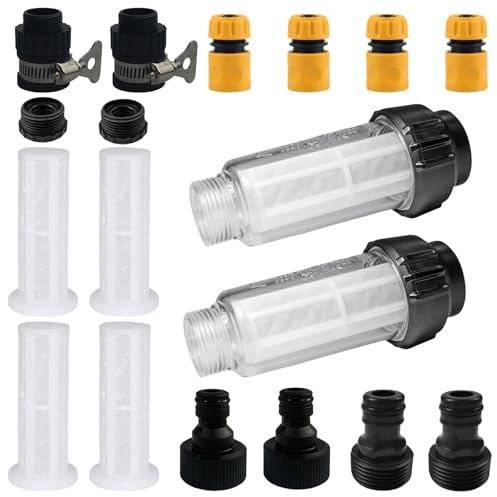 2 Stück Wasserfilter Gartenschlauch Set, 3/4 Zoll Wasser Vorfilter Wasserfilter Set mit 4 Filtereinsatz & 4 Schnelladapter für Hochdruckreiniger, Gartenpumpe, Gartenbewässerung, Wohnmobil