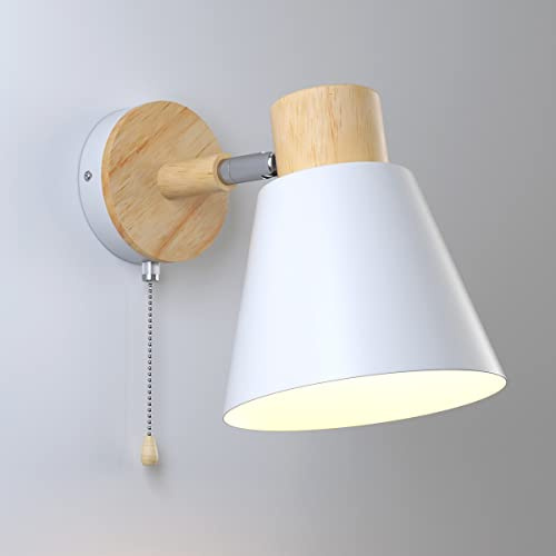Martll Wandleuchte Innen mit Schalter Wandlampe Holz Vintage E27 Wandleuchten Retro Industrial Lampenschirm Nachtlicht für Schlafzimmer, Wohnzimmer, Treppen, Korridor (Weiß B)
