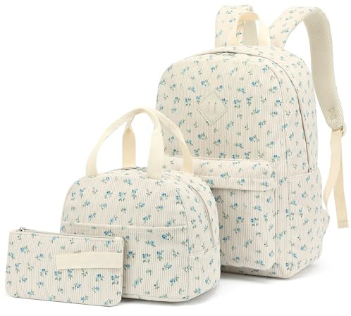 Yusudan Corduroy Girls Backpack Set, 3PCS School Backpacks for Kids Elementary Middle School Bags with Lunch Box Pencil Case (Beige Corduroy Floral Blue)
