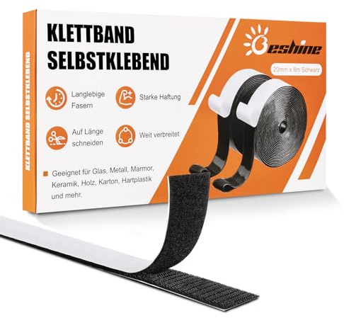 Beshine Klettband selbstklebend, 20mm x 8m Premiumqualität Doppelseitiges Klebeband mit Klettverschluss Selbstklebend und Hakenband(Schwarz)