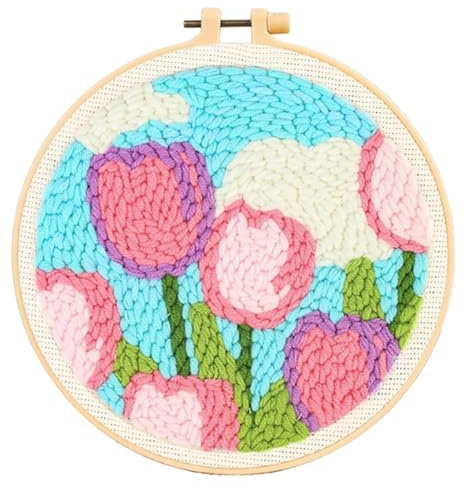 KEWUF Punch Needle Kit, Kit per Ricamo di Aghi da Punzonatura, Strumento di Ricamo per Principianti, Contiene Aghi per Punzonatura, Punch Needle Panno, Cerchio da Ricamo, Fili di Lana, Tulipani