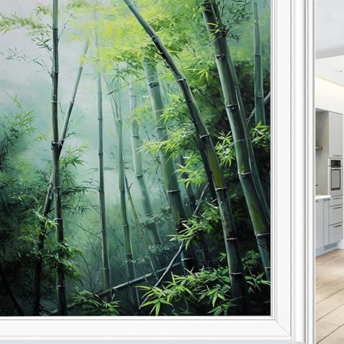 Moderne grüne Bambus-Fensterfolie, Privatsphäre, Aquarell, Frühling, Baum, Landschaft, Fensteraufkleber für Glas, dekorative Aufkleber, statisch haftend, Sonnenblockierung, Abdeckungen, 60 x 90 cm