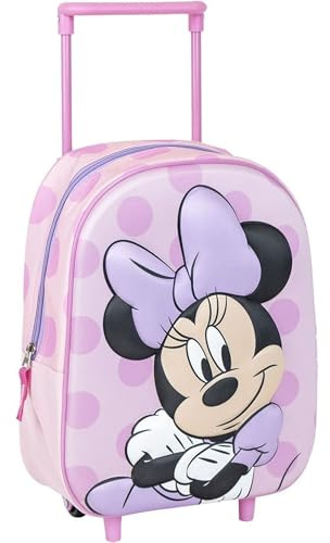 Zaino trolley originale Disney Minnie Mouse con ruote e manico estensibile | Zaino scolastico Minnie a pois rosa per bambine in età prescolare