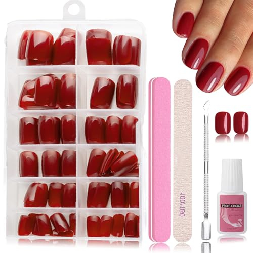 Virellay 120 Stück Rot Nägel Zum Aufkleben, Natürlich Einfarbig Künstliche Nägel, Kurz Red Press on Nails, Full Cover Fake Nails mit Nagelkleber für Frauen (Roter, Kurz)