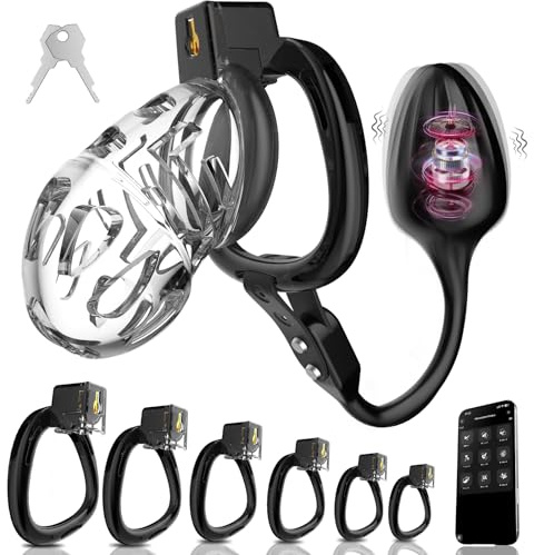 Peniskäfig Chastity Cage Männer Keuschheitskäfig Herren Extrem Mit Buttplug APP 9 Vibrationsmodi & 6 Cock Ring Harz Keuschheitsgürtel Cock Cage Sex Spielzeug für die Männer fesseln bondage fetisch(M)