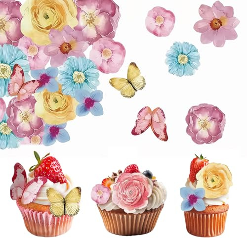 52 Pezzi Decorazioni Commestibili per Torte,Fiori Commestibili per Torte,Decorazioni Torta Farfalla,Topper Cupcake per Matrimonio,Compleanno,Anniversario