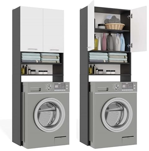 CDF Mobile da Bagno Armadio Sopra Lavatrice con Ante Corte e Ripiani Mobile Contenitore Alto Salvaspazio per Bagno Lavanderia Corridoio Garage Studio Ufficio Organizzatore Moderno - Antracite Bianco