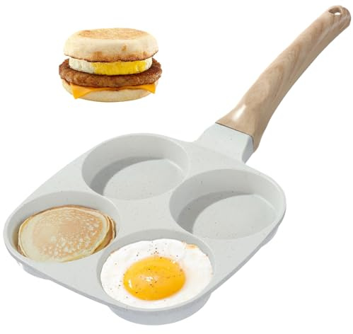 SWEWARM 4-Cup Non-Stick Pancake Pan | 7.3 Aluminium Egg Pan with Wood Grain Handle | Induction & Gas Stove Compatible for Burgers & Fried Eggs (Beige)