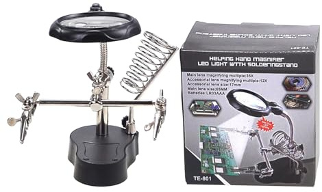 Doiyislem Tercera Mano Para Soldar,Soporte con Lupa - Herramienta Ajustable de Manos con Luz LED y Pinzas para Electrónica de Componentes, Joyería y Modelismo
