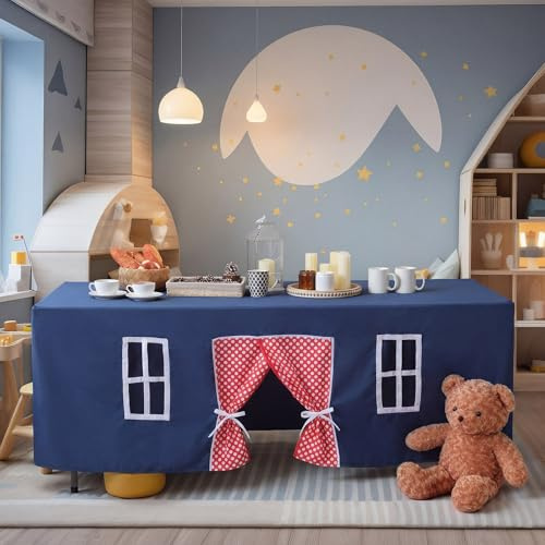 Oudain 10ft x 7.5ft Large Playhouse Table Cloth Table Tent Cover Playhouse Indoor Outdoor Tablecloth for Birthday Party Playground Room Play Accessory (Blue Red Colors,Polka Dots Style) | Gift for Christmas, Table Cover Fort Building, Blue Red Table Tent, Dining Room Birthday Indoor Outdoor Party Playground