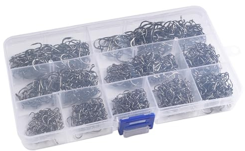 POENVFPO 500 Stück Angelhaken mit Widerhaken, Angelhaken aus Karbonstahl, 10 Größen, Ideal für Angler und Outdoor-Angeln (1000PCS)