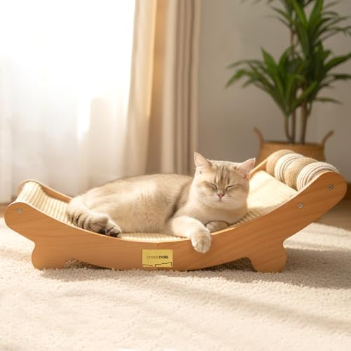 CheerPals Sisal Kratzbrett Katzen mit Sisalkugel - 160° Gebogenes Design, Massives Buchenholz & Natürliche Sisal Pad Katze Kratzmatte, Extra Große 62.5x35x20.5cm Kratzmöbel für alle Katzen