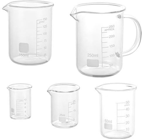 WeeGoo 5 Pcs Glass Measure Cup with Spout, 10/25/50/150/250ml Measuring Jug | Heat Resistant, Clear Liquid Ml Measure Beakers for Lab Household Kitchen