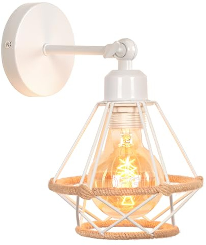 iDEGU Vintage Wandlampe 16cm Wandleuchte Industrial Design Käfig Eisen Lampenschirm mit Hanfseil Retro Lampe Verstellbare Deckenleuchte Wandleuchte für Flur Wohnzimmer Schlafzimmer (Typ-C Weiß)