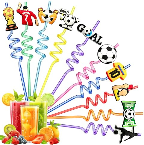 OPVYAEU 8 Pajitas Reutilizables para Niños de Fútbol, Pajitas de Plástico Rizadas en Espiral, Decoración Fiesta Temática Cumpleaños, Pajitas Coloridas para Zumo, Batidos y Leche, Altura 25cm