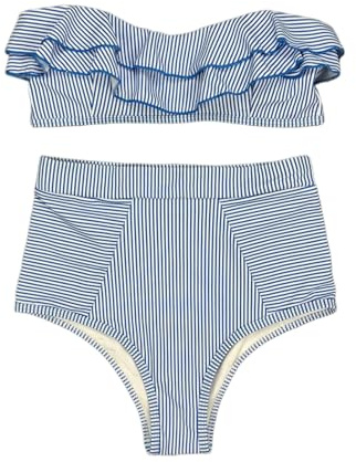 Fryloo Costume da Bagno Bikini Donna A Fascia con Volant Righe Push Up Vita Alta in Due Pezzi Spiaggia-Blu-s