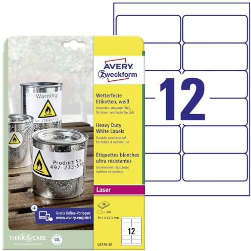 AVERY Zweckform L4776-20 Wetterfeste Etiketten, wasserfest, 99,1x42,3mm | 240 Aufkleber, Folienetiketten, Outdoor Klebefolie, extrem stark selbstklebend, strapazierfähig, 20 Blatt, weiß
