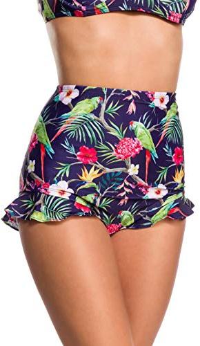Belsira Vintage Bikini Unterteil Highwaist R?schen Retro Muster Strand H?schen 36-46 Dunkelblau L (40)
