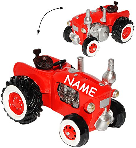 alles-meine.de GmbH Spardose - Traktor/Oldtimer - ROT - incl. Name - stabile Sparbüchse aus Kunstharz/Polyresin - Sparschwein - Traktoren - lustig witzig - Nostalgie/Ba..
