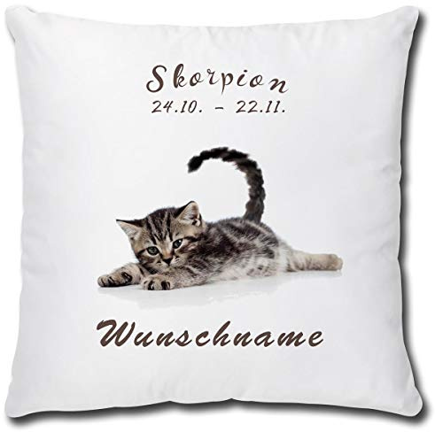 TRIOSK Kissen Katzenmotiv mit Namen personalisiert Sternzeichen Skorpion Dekokissen Katze lustig Geschenk für Katzenliebhaber Frauen Mädchen Kinder 40x40 Weiß Grau