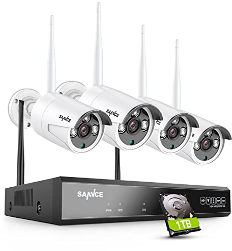 SANNCE outdoor, Kit Videosorveglianza WiFi Super HD 5MP NVR 8 Canali con 1TB HDD 4 Wireless Telecamera IP 3MP Intelligenti Microfono AI Rilevazione Umana Sistema di Sorveglianza Eseterno IP66-1TB HDD