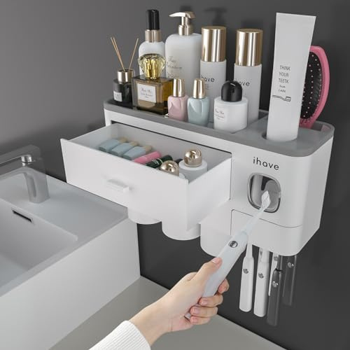 iHave Zahnbürstenhalter Wand mit Zahnpastaspender & Schublade, Multi Toothbrush Holder für Elektrische Zahnbürsten, Große Halterung ohne Bohren, Badezimmer Organizer Set, inkl. 3 Becher, Weiß