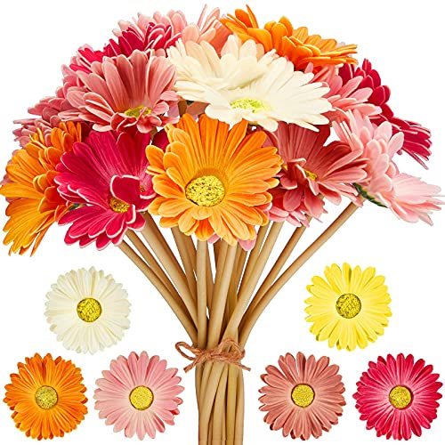 WILLBOND Künstliche Gerbera-Gänseblümchen, künstliche Gänseblümchen, Blumenstrauß, 38,1 cm, für Hochzeit, Brautstrauß, Party, Zuhause, Küche (Weiß, Rosa, Gelb, Orange, Rose, Koralle, 18 Stück)