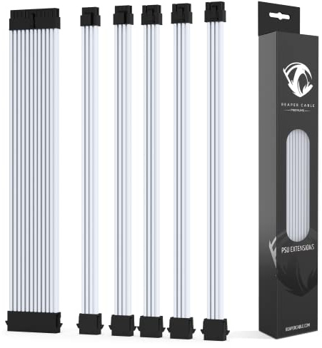 Reaper Cable Premiums - Sleeved PSU Extension Set - Aluminium Cable Combs - Power Supply Extensions - 1x 24 Pin/ 2x 4+4 Pin / 3x 6+2 Pin - 30cm (White)