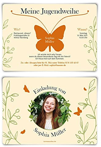 10 x Jugendweihe Einladungskarten Einladungen individuell mit Text und Foto DIN A6 abgerundete Ecken - Schmetterling