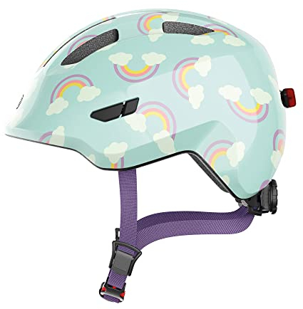 ABUS Kinderhelm Smiley 3.0 LED - Fahrradhelm mit Licht - tiefe Passform & Platz für einen Zopf - für Mädchen und Jungs - Hellblau mit Regenbogen-Muster, Größe M