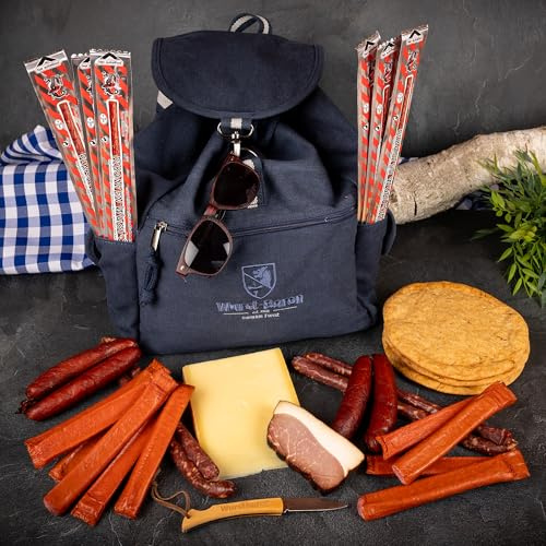 WURSTBARON® Blauer Picknick & Wander Rucksack mit Inhalt für Herren & Damen - Inkl. Salami Schinken Käse BrotTaschenmesser