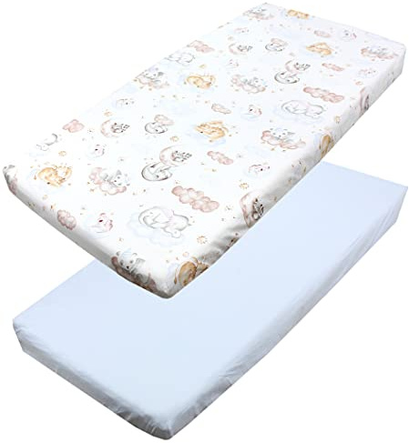 TupTam Baby Spannbettlaken Kinder Spannbetttuch für Babybett Kinderbett 2er Pack, Farbe: Tiere auf Wolken/Blau, Größe: 60 x 120 cm