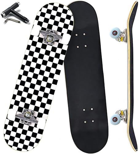 ANYFUN Pro Complete Skateboards for Beginners Girls Boys Kids Youths Teens Adults 31x8 Skate Boards 7 Layers Canadian Maple Double Kick Deck Concave Longboard (Checkerboard)