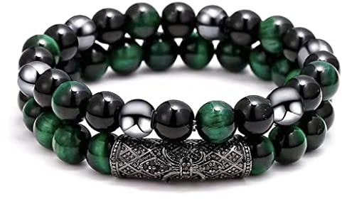2Pcs Triple Protection Bracelet,Natural Tigers Eye Black Obsidian and Hematite 8 MM Beads Bracelet for Men Women Gift, Healing Crystal Bracelets Bring Luck and Prosperity and Happiness (Green)