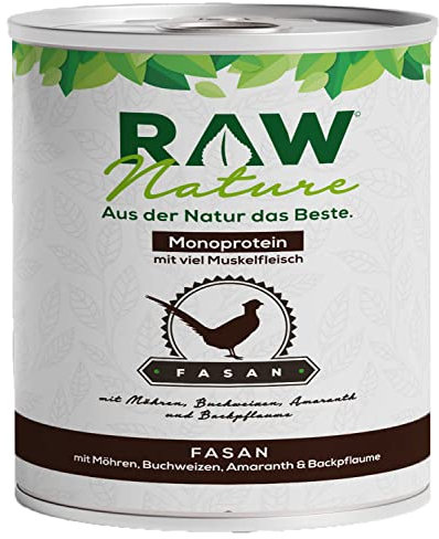 RAW Nature - Fasan Pur 800g - Mit Möhren, Buchweizen, Amaranth und Backpflaume - Nassfutter für Hunde - Hoher Fleischanteil - Monoprotein - Alleinfuttermittel - Getreidefreies Hundefutter