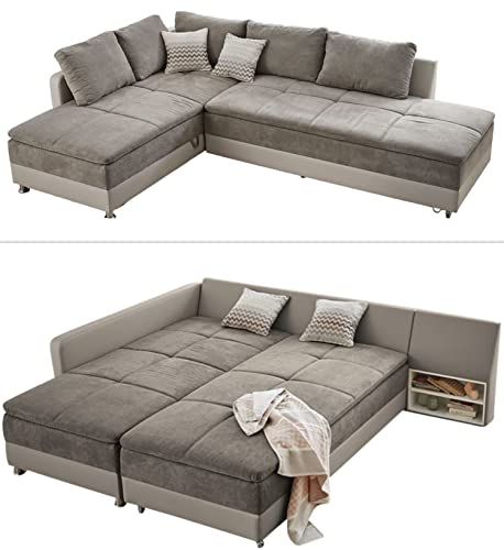 Federkern Ecksofa B306/T223/H95 cm Dauerschläfer, Doppelbett Schlaffunktion, Kaltschaum-Topper, Bettkasten, Regal, Schwenkteil RECHTS, Mikrofaser-Bezug Grau Braun, Korpus Kunstleder Beige / 15102