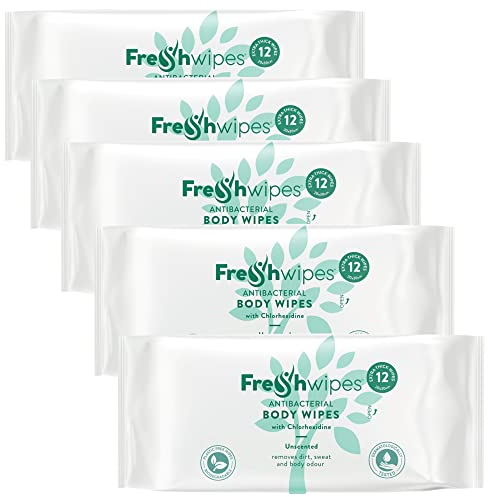 FreshWipes Unscented Antibacterial Body Wet Wipes For Adults 5 Pack (60 Wipes) - Extra Large Biodegradable - Dermatologically Tested & Suitable for the Elderly or Disabled - Great for Camping