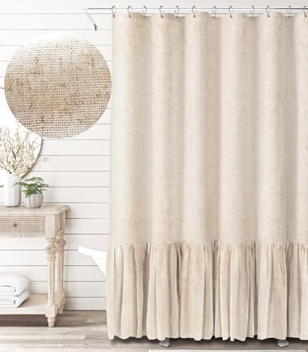 Awellife Farmhouse Duschvorhang mit Rüschen, Leinen, strukturiert, Boho-Duschvorhang für Badezimmer, Beige, 183 x 198 cm (B x L)