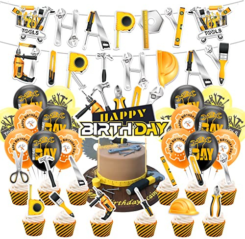 Herramientas Accesorios para fiestas, herramientas para fiestas de cumpleaños, incluye caja de herramientas, pancarta de feliz cumpleaños, decoración de tartas, globos para herramientas temáticas