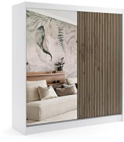 ALTDECOR Kleiderschrank mit Spiegel und Schiebetüren, Führungsschienen und Aluminium-Leisten, LED-Beleuchtung und Fernbedienung - VILAN - 200 cm Weiß + Lamelle Eiche Wotan + Spiegel