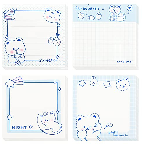 TIESOME Niedliche Haftnotizen, 320 Blätter Bär selbstklebende Notizblöcke Kawaii Haftnotizen Memoblock Haftnotizblöcke für Kinder Studenten Schule Büro(4 Blöcke 80 Blätter/Pad) (Stil A)