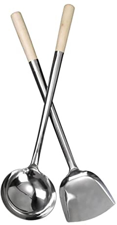 2 cucchiai in acciaio inox per wok, cucchiai cinesi, raschietto per pentole, spatola da cucina cinese, padella, pala, set di cucchiai da zuppa, cucchiaio