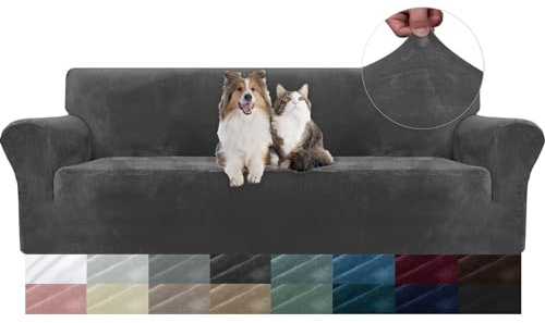 YSTELLAA Samt Sofa Überzug 4 Sitzer, Stretch Sofahusse Universal, Sofaschoner rutschfest, Sofa Covers Mit Armlehne, Couch Bezug Schutz Katze, Waschbare Couchschoner, Grau